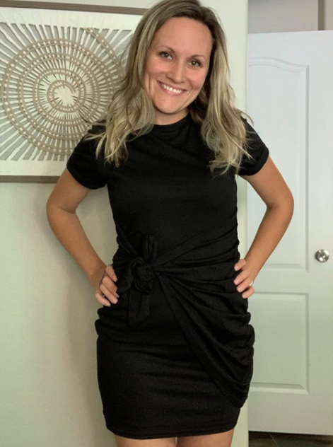 A customer review photo shows them wearing the dress in black.