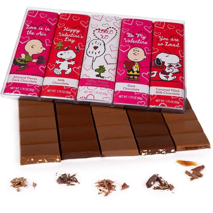 The Peanuts-themed Valentine's Day chocolate gift box filled with adorable, themed treats.