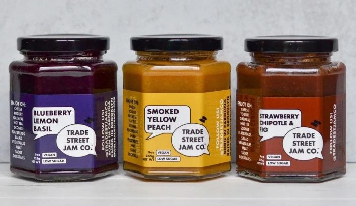 Three jars of the jams mentioned above neatly lined up