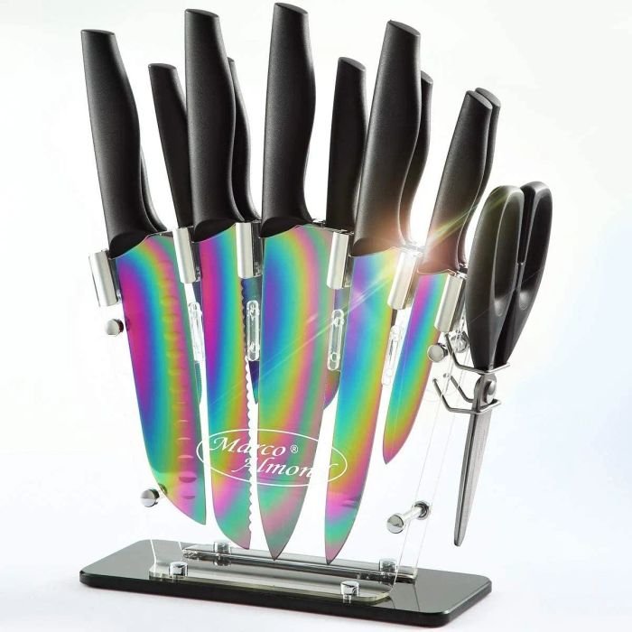 A complete set of iridescent knives and scissors displayed in a clear stand