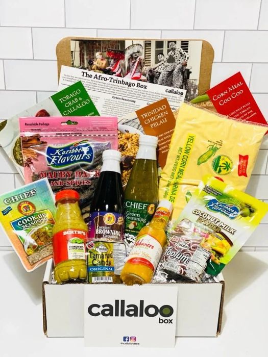 Callaloo Box filled with Afro-Trinbago condiments, seasonings, spices, and snacks