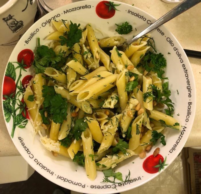 Reviewer incorporates fresh herbs from their AeroGarden into a pasta dish with basil, pine nuts, and cheese