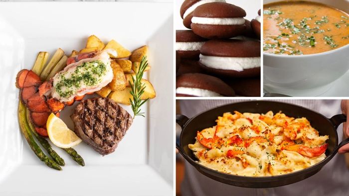 All of the delicious seafood and accompaniments included in the package, featuring Maine lobster tails, filet mignons, lobster mac 'n' cheese, lobster bisque, and Maine whoopie pies.