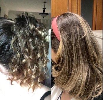 A side-by-side comparison of a person’s hair, with one side curly and the other straightened, likely part of a hair product review.