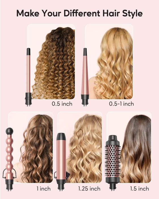 A collection of hair styling tools featuring different barrels and the resulting curls for various hair types