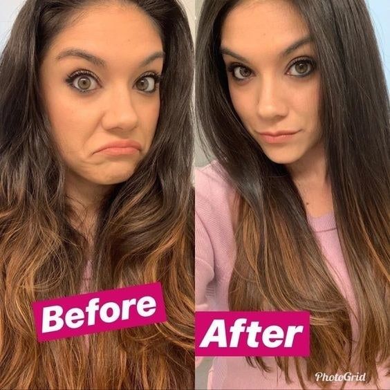 A before-and-after photo showing a reviewer's hair transformed from wavy to sleek, straight, and blow-dried.