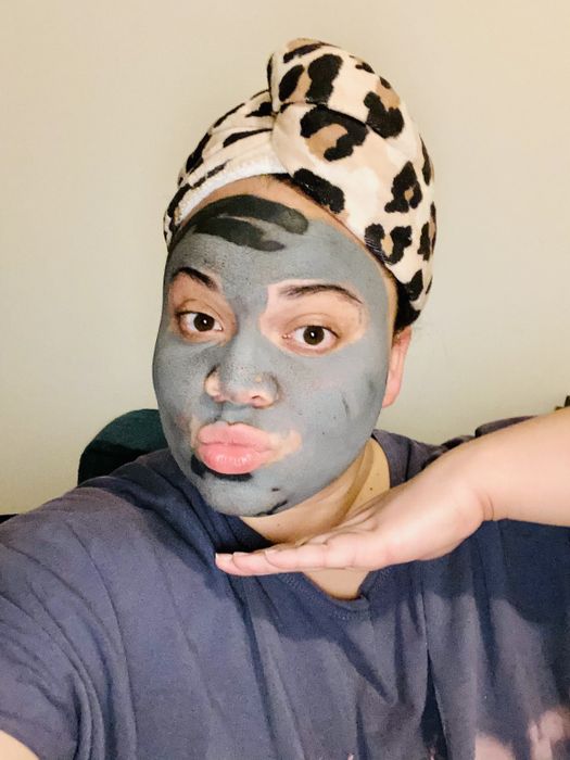 Mytour editor wearing the leopard print hair towel.