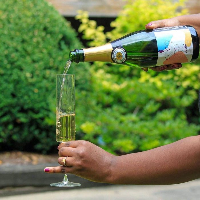A model elegantly holding a champagne flute with their pinky raised (because why not, it's classy!) while pouring champagne into it.