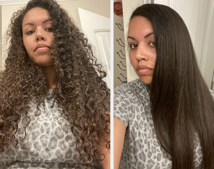 A woman with curly hair in the before shot, and perfectly straight hair in the after shot.