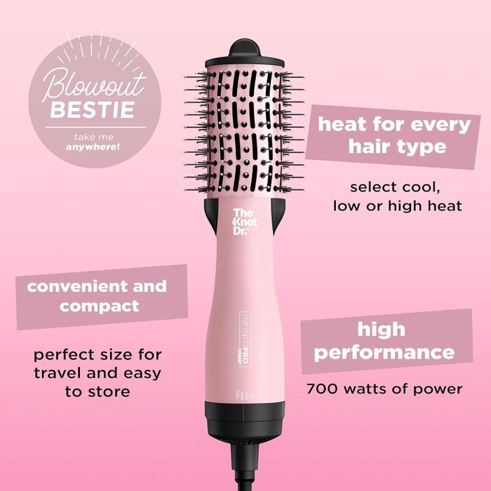 A round brush hair dryer featuring various heat settings and a sleek, compact design for easy storage.