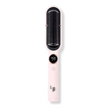 A hair straightening brush against a plain background, with a digital temperature display and the brand visible, designed for styling hair