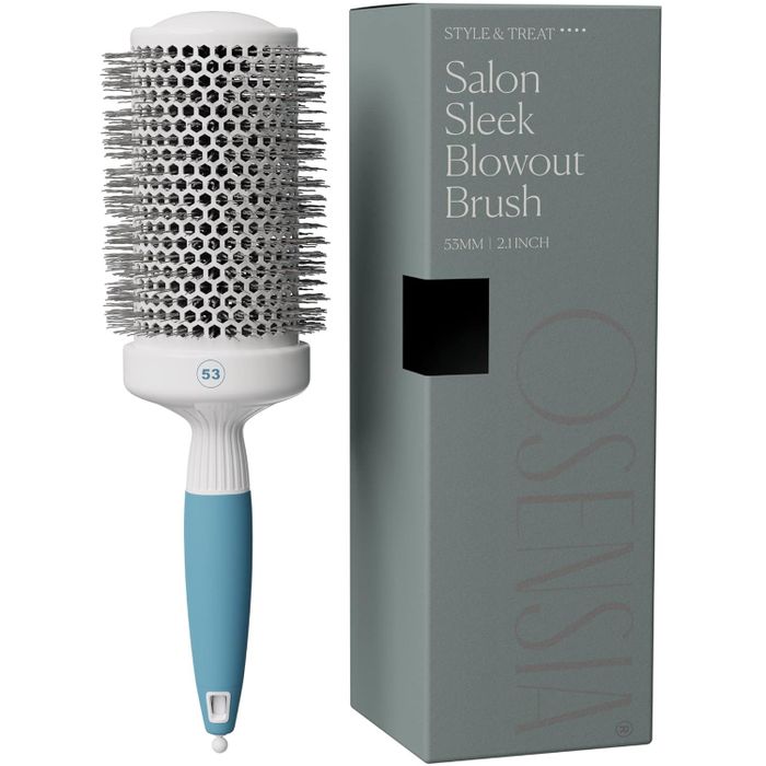 The Salon Sleek blowout brush with its packaging, perfect for achieving a sleek, polished look right at home.
