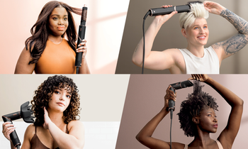 Four people styling their hair with different tools, demonstrating a variety of hair types and styles.