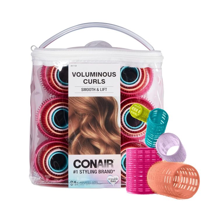 Conair hair rollers in a clear bag for creating voluminous curls, with the packaging visible
