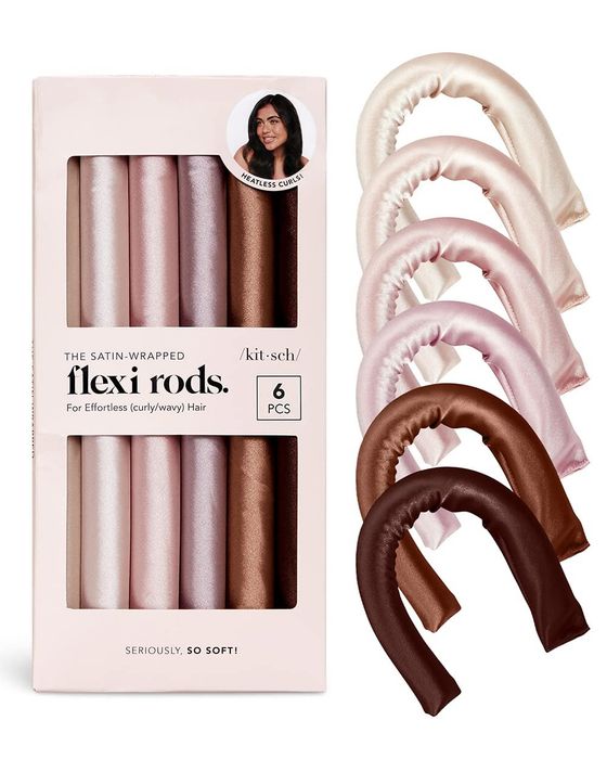 A package of 6 satin-wrapped flexi rods for hair styling, accompanied by a photo of a woman demonstrating their use