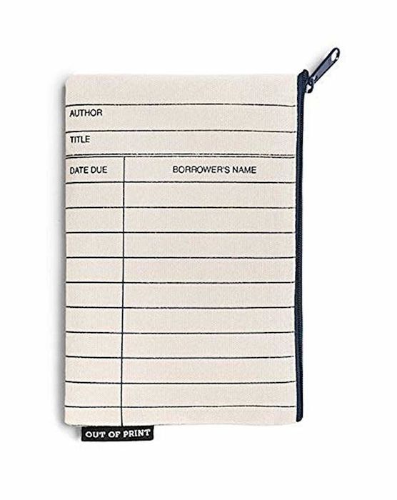 The pouch featuring a grid design reminiscent of library checkout cards, where you can fill in the name, title, and date of the book.