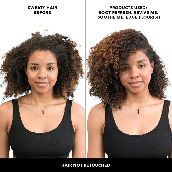 models showcasing messy, sweaty hair before using the product and juicy, refreshed curls after