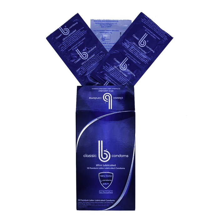 A blue box of condoms with two packages peeking out.