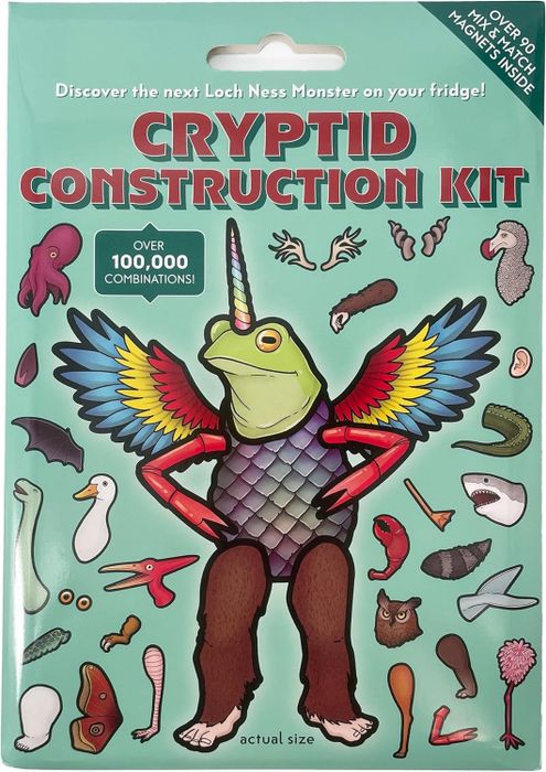 Cryptid Construction Kit packaging featuring mix-and-match magnetic parts to create over 100,000 unique cryptid combinations