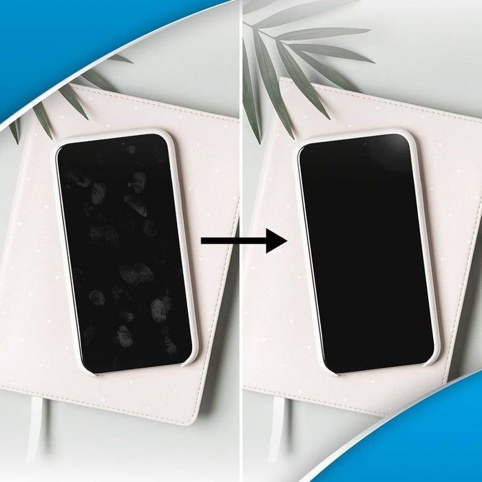 Before and after photo of a phone cleaned with disinfectant wipes