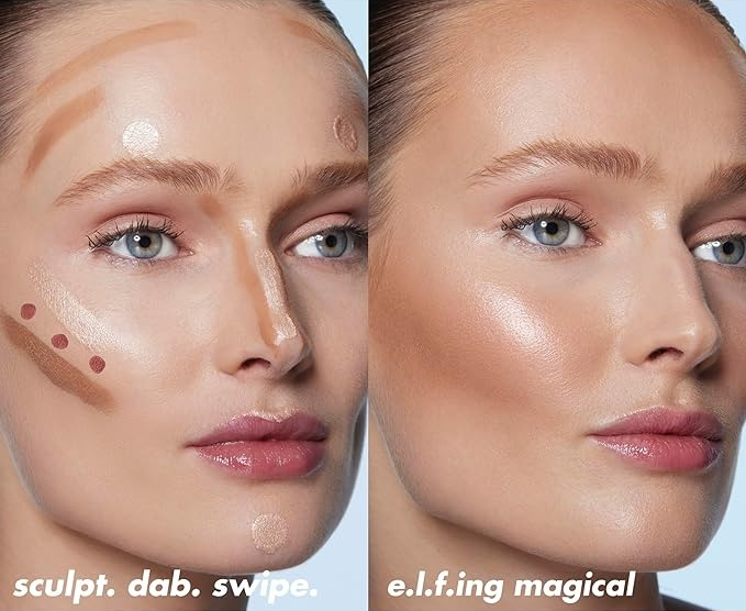 Before and after photos of a woman using E.l.f. Cosmetics contouring products. The first image shows contour lines, while the second displays the completed makeup look. Text: 