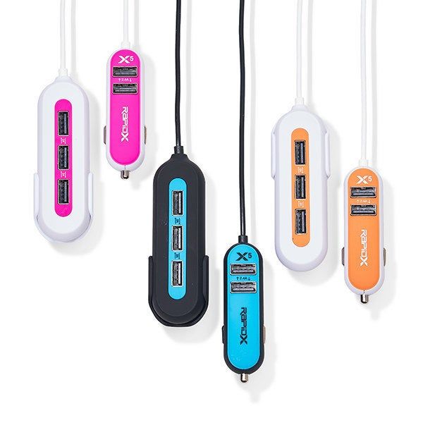 The charger shown from the top and bottom in three color combinations: white and pink, blue and black, and white and orange.