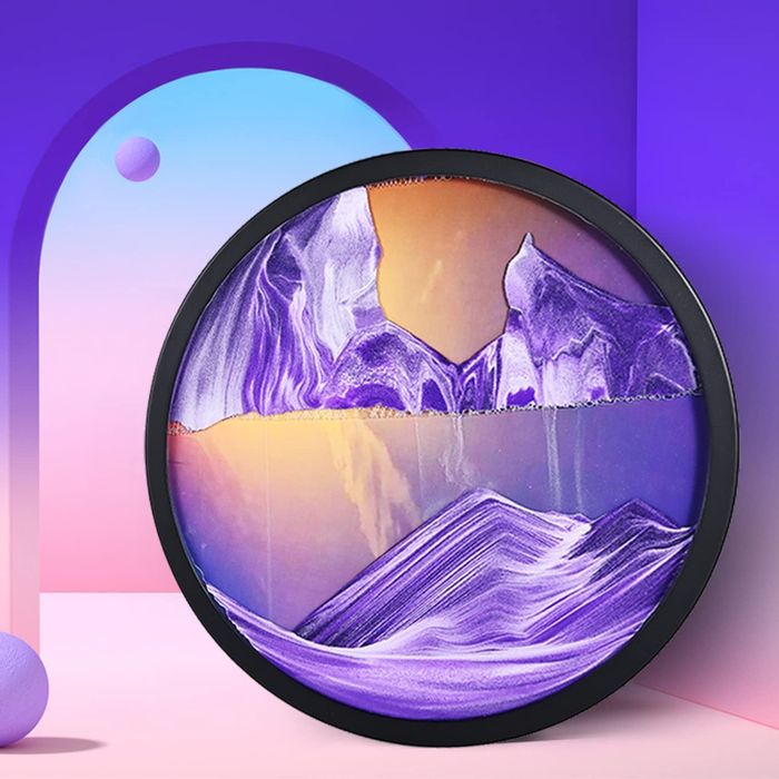 A similar piece in purple, where the sand drips slowly from the top to the bottom.