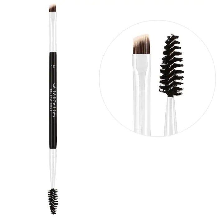 A close-up image of the brush, highlighting both the angled and spoolie ends.
