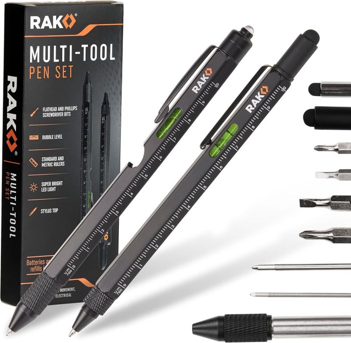 A multi-tool pen set, featuring screwdriver bits, stylus tips, and an LED light. Also includes a ruler and bubble level. Shown in close-up along with the box and tools.