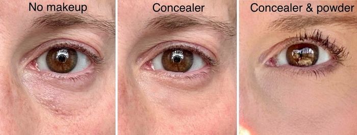 Three close-up images demonstrating the eye makeup process: bare, with concealer, and completed with concealer plus powder