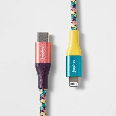 A multicolored phone charging cord featuring a mix of purple, pink, blue, and yellow, perfect for adding a pop of color to any tech setup.
