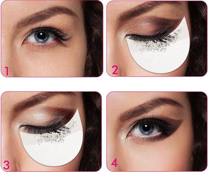 A four-step process demonstrating an eyeshadow look created with the help of eyeshadow shields, which catch any excess makeup that falls beneath the eyes.