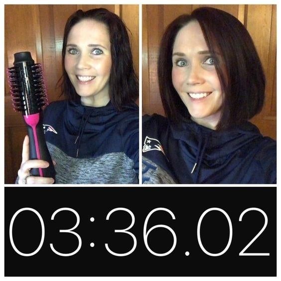 A reviewer showcases their wet hair that has been blown dry into a voluminous, straight bob, with a time stamp proving it only took 3 minutes and 36 seconds.