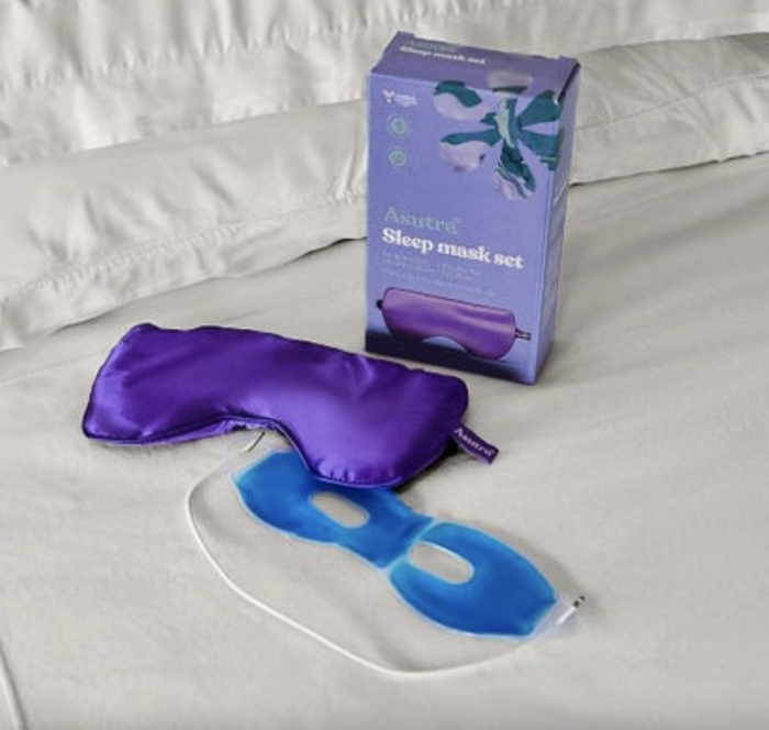 the lavender-hued packaging, eye mask, and cooling gel insert