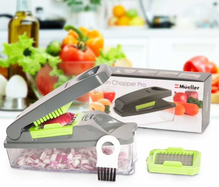 A veggie chopper loaded with onions ready to be diced.