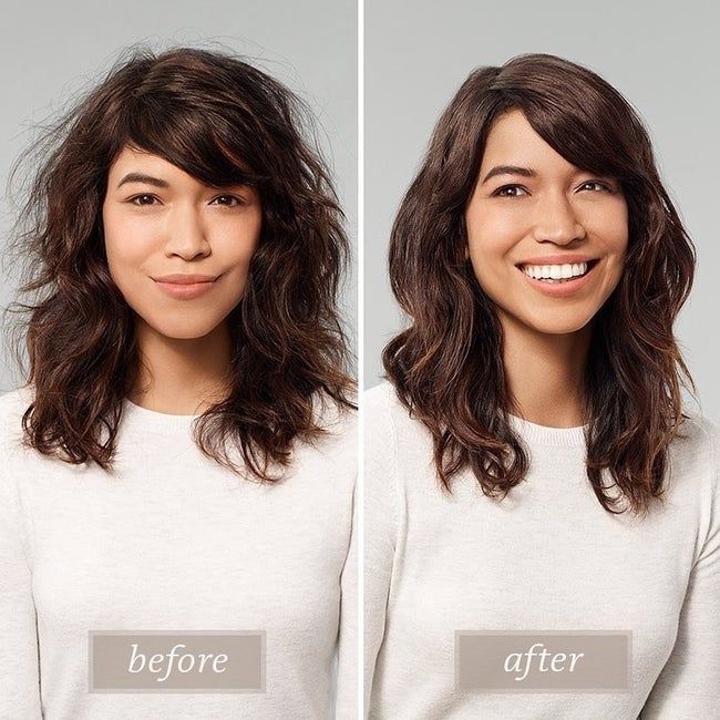 A before-and-after image showing a model with frizzy hair turning into smooth, shiny locks after using the spray.