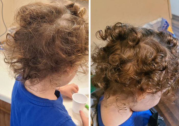 A before-and-after shot from a reviewer showcasing their child's curly hair before and after using the spray. The after photo shows shiny, defined curls.