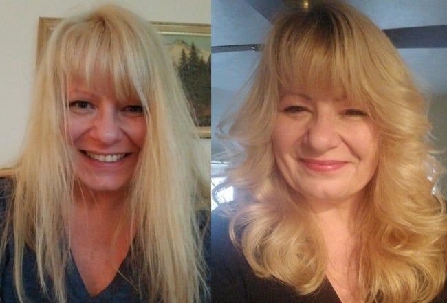 A before-and-after shot of a reviewer with straight hair transforming into voluminous, beautiful waves.