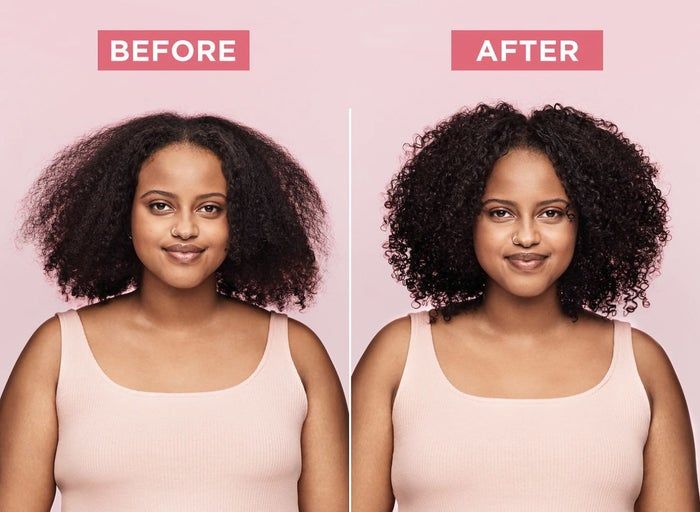 a comparison photo set. The before image shows the model with unruly, frizzy hair, while the after image reveals smooth, glossy hair with well-defined curls