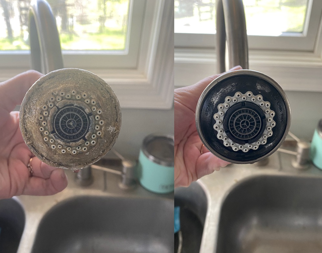 a reviewer's photo of a sink faucet with hard water stains on the left and spotless on the right