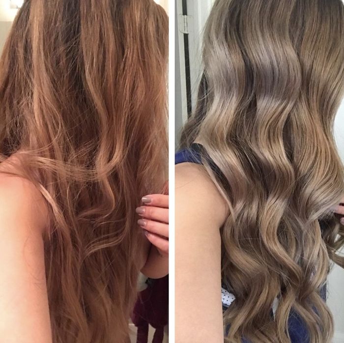 a person showing the transformation of their brassy hair before and after using the shampoo