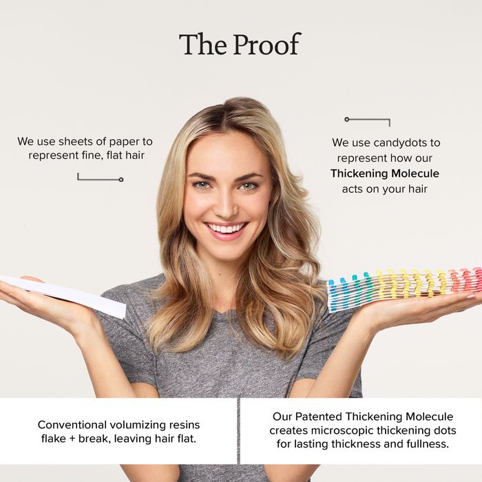 A comparison image showing a person's hair before and after applying the thickening mousse.