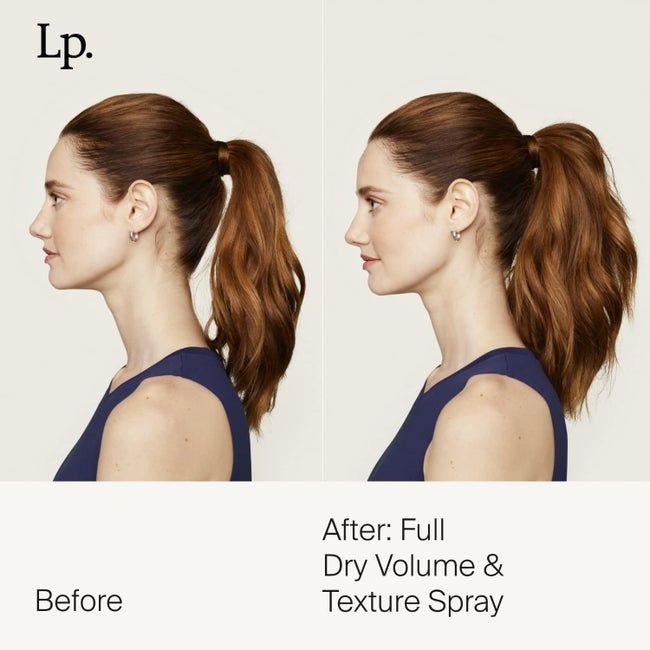 A model demonstrates the before and after of their ponytail, showing how much more voluminous it appears after using the spray.
