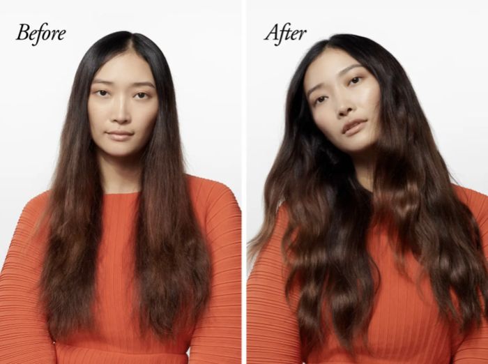 a before and after image of a model using the texturizing spray