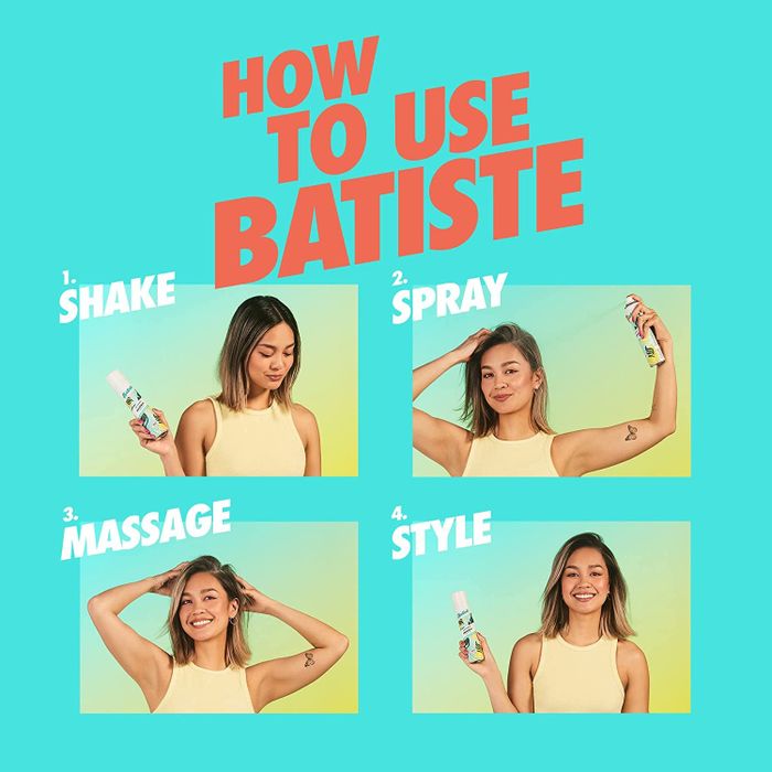 A model demonstrates how to use dry shampoo: shake, spray, massage, and style.