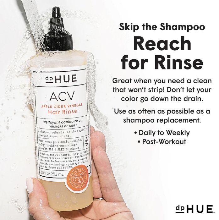 A bottle of the hair rinse with text beside it saying "skip the shampoo, reach for rinse"