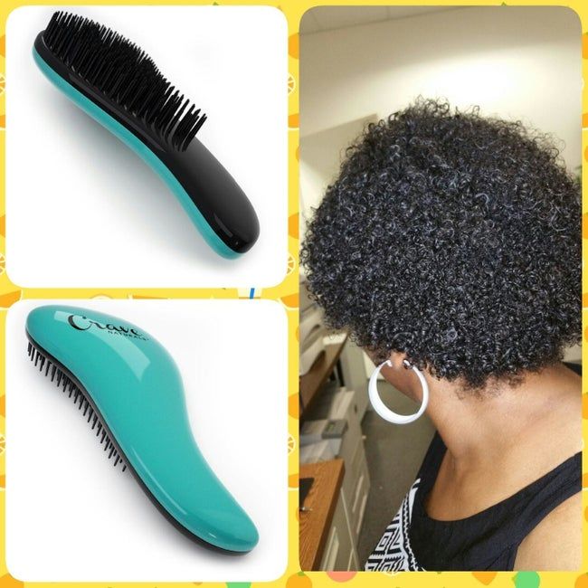 A series of images featuring the brush in a teal color, alongside a reviewer's natural hair.