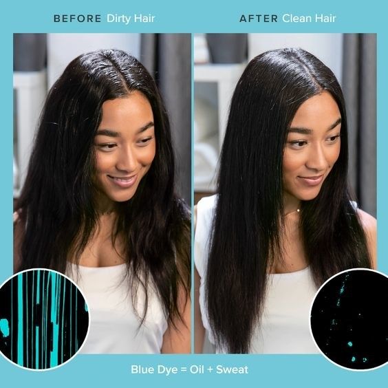 Model's before and after photos showing oily, sweaty hair transformed into clean, fresh-looking hair