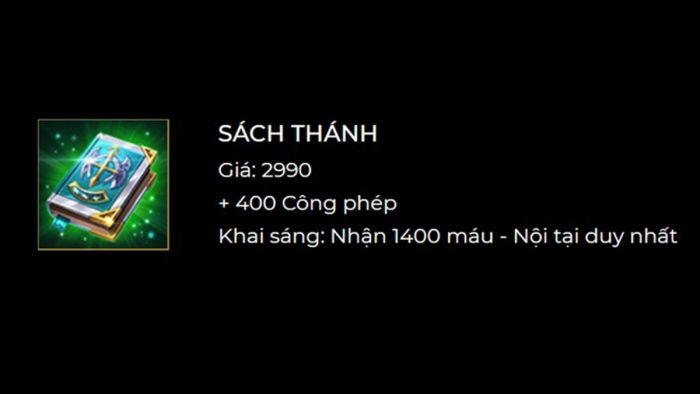 Sách Thánh là một trang bị không thể thiếu đối với những pháp sư muốn gây sát thương mạnh mẽ, đặc biệt là trong những phút cuối của trận đấu. Nó cung cấp một lượng công phép rất lớn, giúp phá vỡ hàng phòng thủ của đối phương.