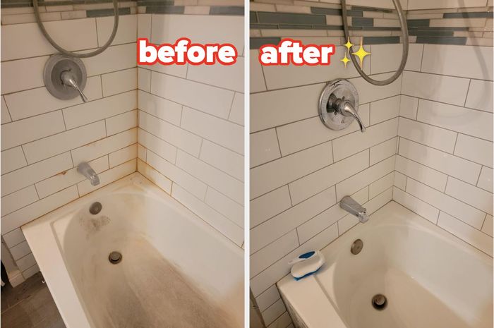 A before-and-after image showing the transformation of a bathtub, with noticeable grime and buildup in the 'before' image.